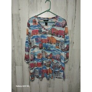 Ali Miles Asymmetrical Tunic Top Blouse Crinkle Knit Multi Size Large